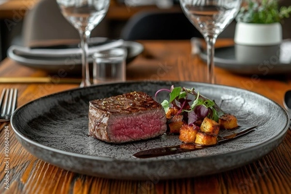 Fototapeta A plate of food with a steak and potatoes on it