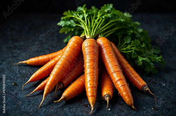 Fototapeta Close-up of fresh orange carrots with vibrant green tops, displayed on a dark background. A rich composition highlighting natural textures and colors, ideal for food, health, or organic-themed visuals