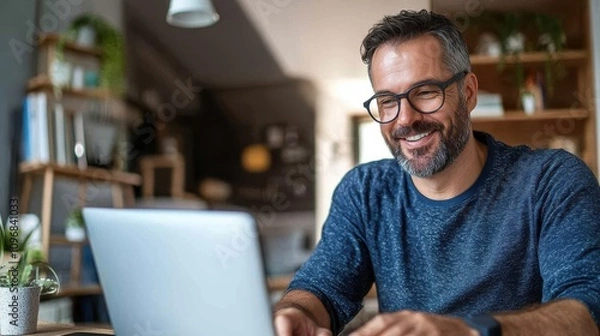 Obraz A bearded man wearing glasses sits at a modern desk with a laptop, smiling. The room is stylishly decorated with plants and bookshelves, creating a cozy atmosphere.