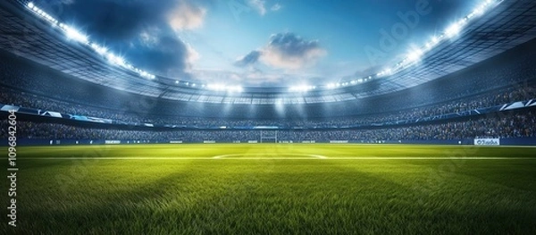 Obraz A large football stadium with stands full of fans, with grass on the field and bright lights shining down from above. 