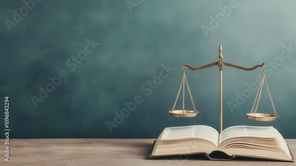 Fototapeta Justice scales with an open book, law and equality, flat design illustration
