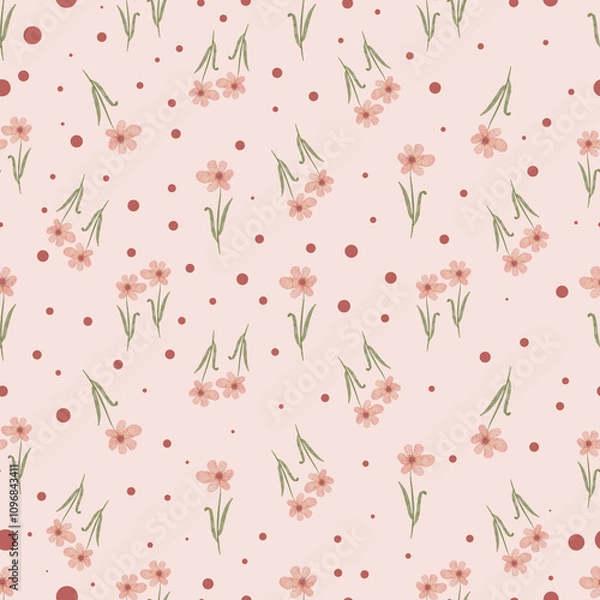Fototapeta Elegant seamless pattern featuring romantic pink blushy flowers and delicate dots on a soft pastel background. Perfect for wedding designs, stationery, textiles, and digital art projects.