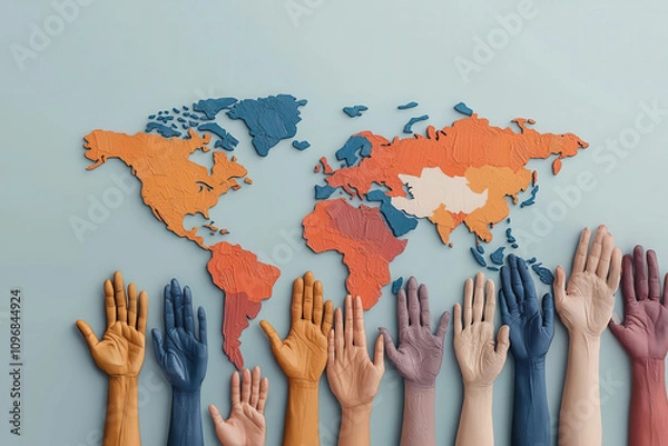 Obraz World map with diverse hands, symbolizing global human rights and integration, flat design illustration