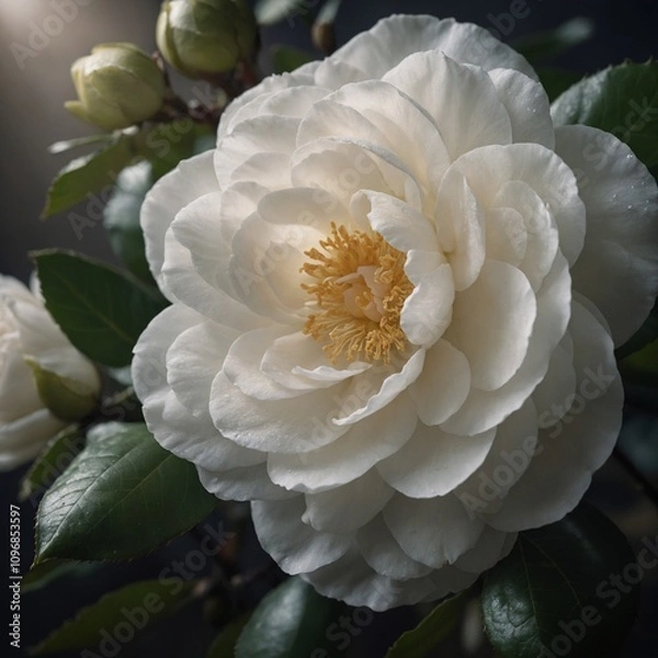 Fototapeta "A delicate, white camellia flower with soft light streaming through the petals."