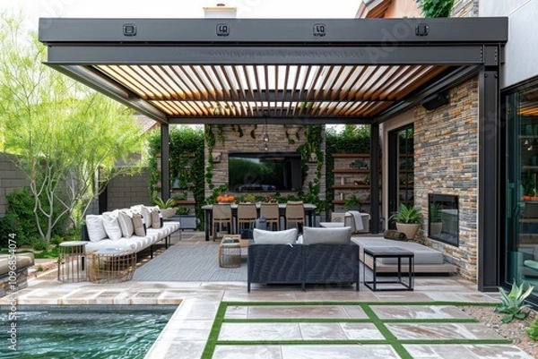 Obraz  Modern Pergola with Greenery and Elegant Patio Setup in Arizona