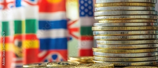 Fototapeta A close-up of stacked coins with various international flags in the background, symbolizing global finance and currency exchange.