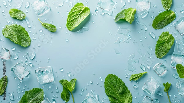 Obraz Mint and Ice Cubes: Top view photo of mint leaves, ice cubes, and water drops on an isolated pastel blue background.