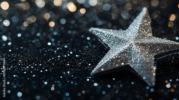 Obraz A shimmering Christmas card with glitter accents a large silver star and a deep black background.