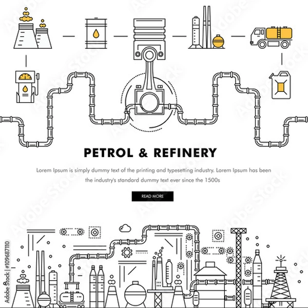 Fototapeta Modern petrol industry thin block line flat color icons and composition with gas station technology  and development gasoline program