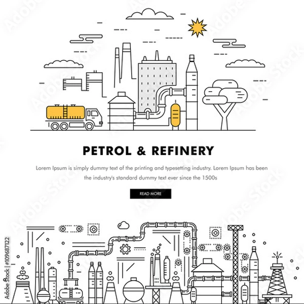 Fototapeta Modern petrol industry thin block line flat color icons and composition with gas station technology  and development gasoline program