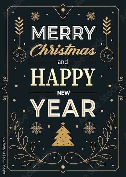 Fototapeta Happy New Year greeting card design with xmas tree and decoration