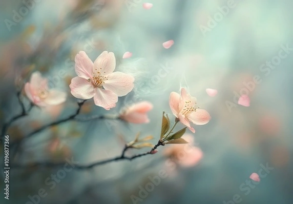 Fototapeta Soft Cherry Blossom Petals Gently Falling from Branches Against a Blurred Background of Calm Colors Capturing the Essence of Spring's Beauty and Tranquility