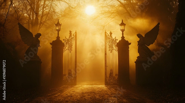 Fototapeta Heavenly gates glowing in golden mist flanked by statues of serene angels.