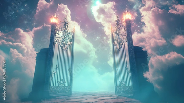 Fototapeta Heavenly gates glowing with iridescent light surrounded by silver clouds.