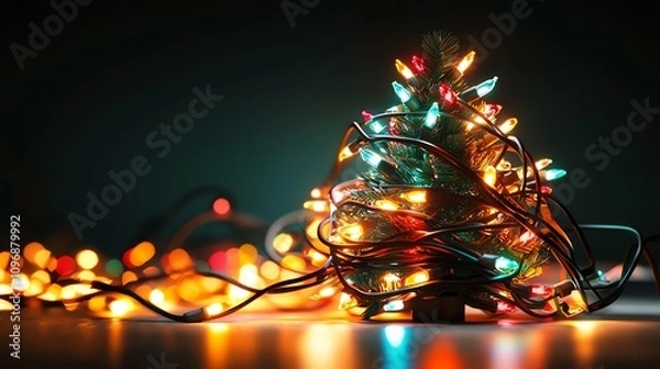 Fototapeta Decorative Christmas tree with colorful lights and tangled wires, creating a festive and cheerful atmosphere.