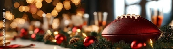 Fototapeta A close-up of a football amidst festive decorations, creating a warm holiday atmosphere.