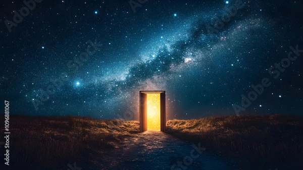 Obraz Heavenly portal glowing with divine light set against a sky full of stars.