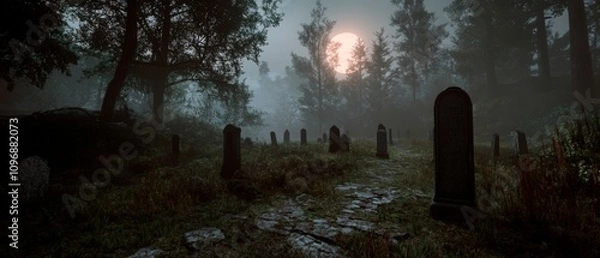 Fototapeta A misty graveyard with ancient tombstones is illuminated by an eerie full moon peeking through dark forest trees. Generative AI