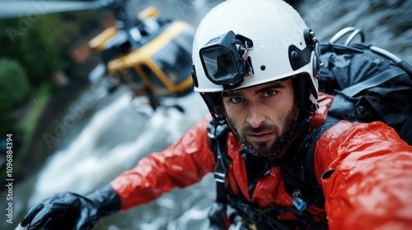 Fototapeta A rescue worker in a red suit appears focused while a yellow helicopter is visible in the background, ready to assist during an intense rescue operation amid heavy rain.
