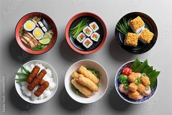 Obraz 3D Japanese Food Designs Collection Featuring Ramen Sushi Tempura Katsu and Poke Bowl