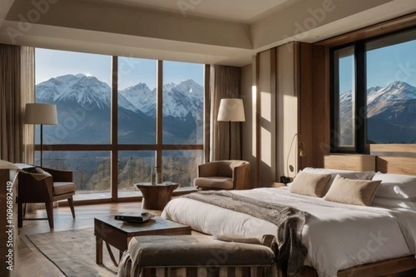 Fototapeta Hotel room with neutral tones, minimalist furniture, and open window with mountains outside