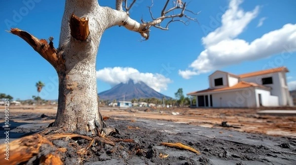 Fototapeta A desolate tree stands against a backdrop of dark volcanic soil and under blue skies, symbolizing endurance and hope in a disrupted environment.