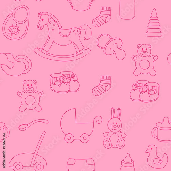 Obraz Seamless hand drawn doodle pattern with toys. Vector  illustration for backgrounds, web design, design elements, textile prints, covers, greeting cards