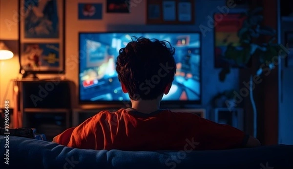 Fototapeta The back of the boy's head is sitting on a sofa in front of a TV playing video games at night, backlit photography, high-quality photo, high resolution,