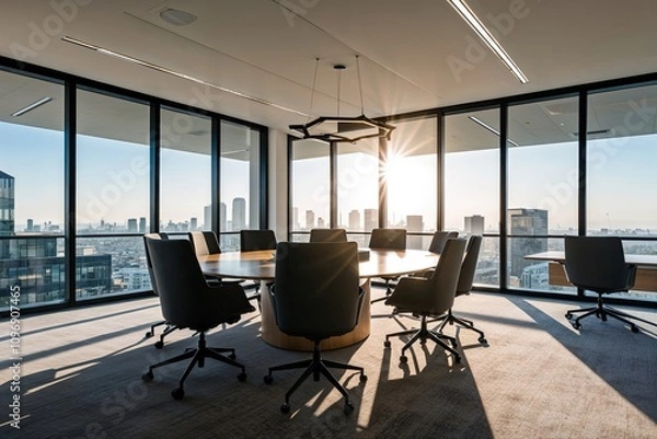 Fototapeta Spacious Modern Business Office with Morning Light and City Views for Collaborative Workspaces