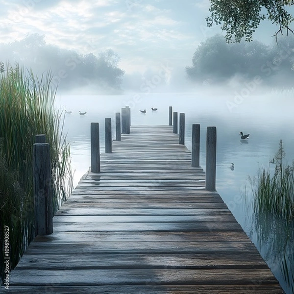 Fototapeta A peaceful wooden pier extending into a foggy lake, surrounded by mist, with ducks gliding and reeds swaying gently