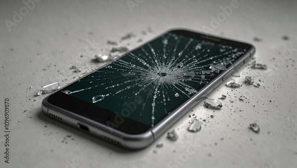 Fototapeta Mobile phone with broken screen. Technology concept. Recycling and repairing idea. Copy space.	