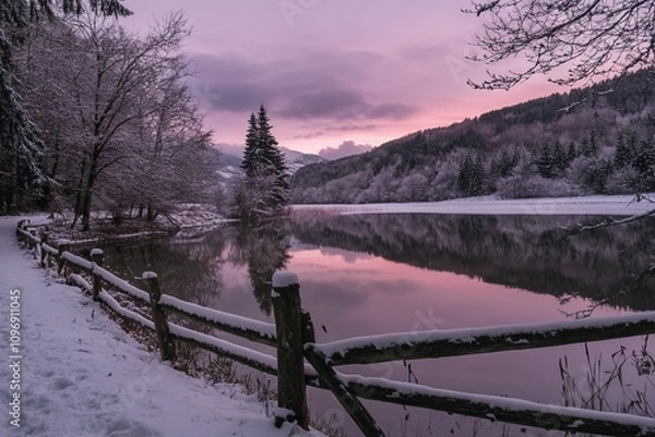 Fototapeta Winter Lake in the Carpathian Mountains at Sunset. AI generated illustration