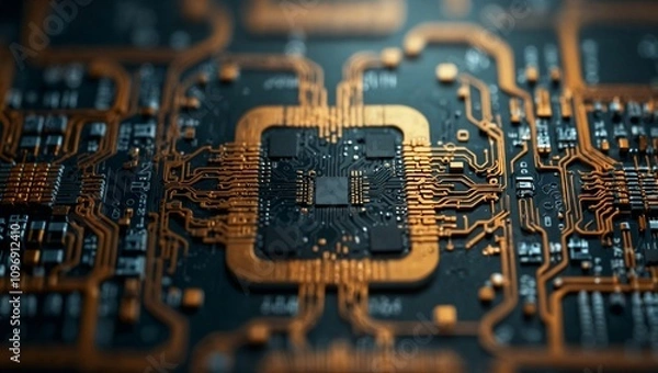 Obraz A closeup view of a microchip with intricate details and glowing edges, placed on a flat white background to highlight precision. Science and technology concept. Copy space.
