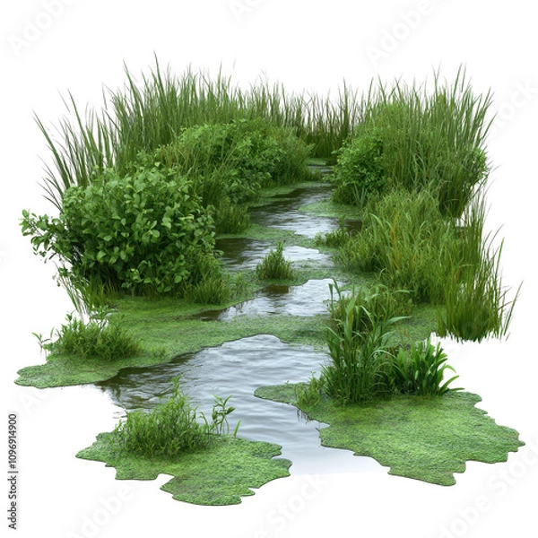 Fototapeta A river with green grass and plants on either side