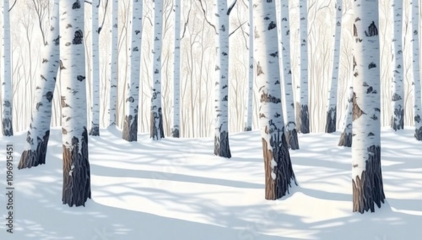 Fototapeta Birch Forest in Winter in the Style of an Acrylic Painting. AI generated illustration