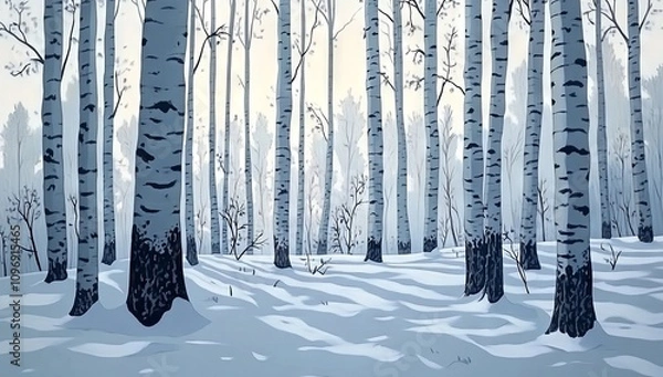 Fototapeta Birch Forest in Winter in the Style of an Acrylic Painting. AI generated illustration