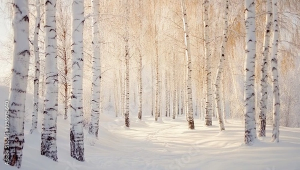 Fototapeta Birch Forest in Winter in the Style of an Acrylic Painting. AI generated illustration