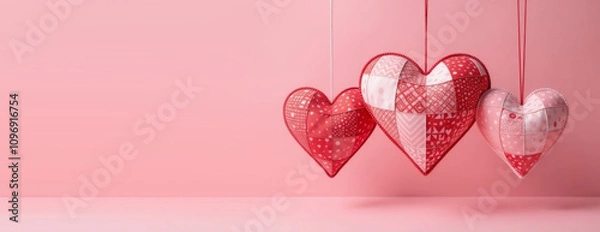 Obraz Three hearts of different sizes handmade in romantic petchwork style on pink background. Valentine's Day or Mother's Day concept. Copy space