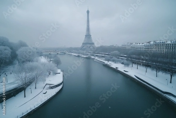 Fototapeta Eiffel Tower in Paris Covered in Snow. AI generated illustration