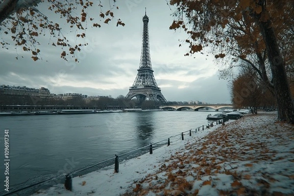 Fototapeta Eiffel Tower in Paris Covered in Snow. AI generated illustration