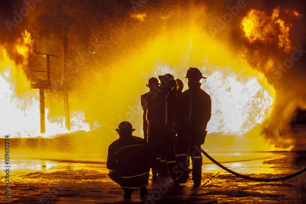 Obraz Firefighters spraying down burning structure