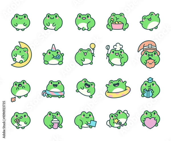 Fototapeta Cute kawaii frog and toad cartoon characters set for kids design with funny adorable animals in outline vector style illustrations for holidays and special events collection pack