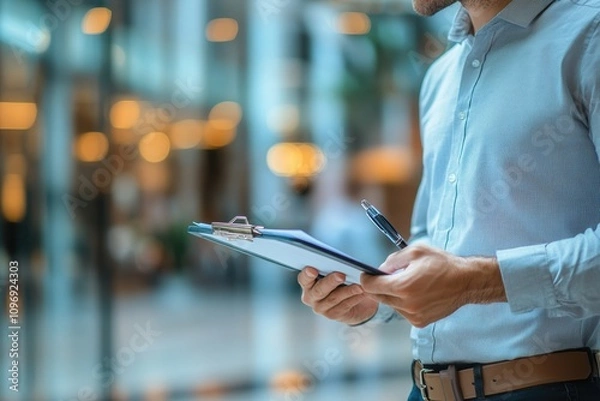 Fototapeta A person holding a clipboard and pen in a modern office setting.