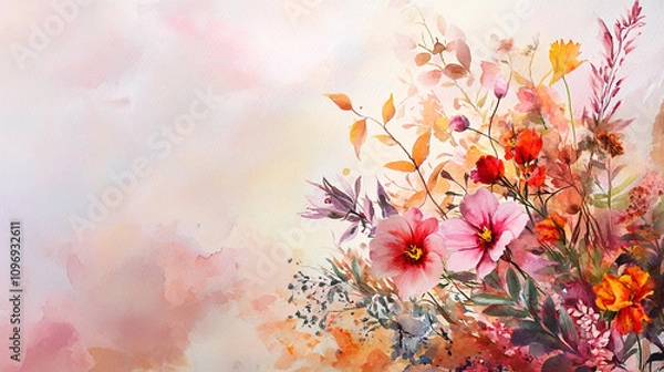 Fototapeta Floristic decoration creating a watercolor and enchanting floral background, An artful illustration of a floral arrangement with soft color, Vibrant flowers and leaves in shades of pastel color.