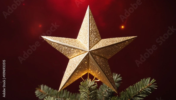 Fototapeta A shining golden star tree topper glowing softly, positioned on the right, surrounded by faint glowing light trails against a deep red background