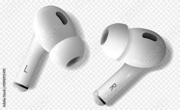 Fototapeta White realistic wireless earphones. Left and right bluetooth airpods ilying on the semi transparent background dropping shadows. 3d vector illustration