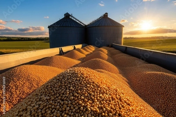 Obraz Aerial View of Grains Loaded into Storage Silos at Sunset