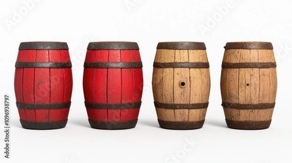 Obraz Five rustic wooden barrels of varying sizes create a charming and timeless display against a clean white backdrop