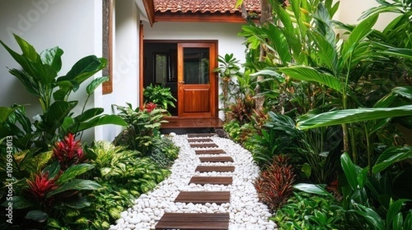 Fototapeta A serene pathway leads to a wooden door, surrounded by lush tropical plants and stones.