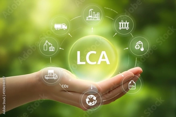 Fototapeta LCA Life Cycle Assessment Concept. A hand showcasing glowing globe icons representing sustainability, recycling, and environmental impact, emphasizing life cycle assessment (LCA) for green initiatives